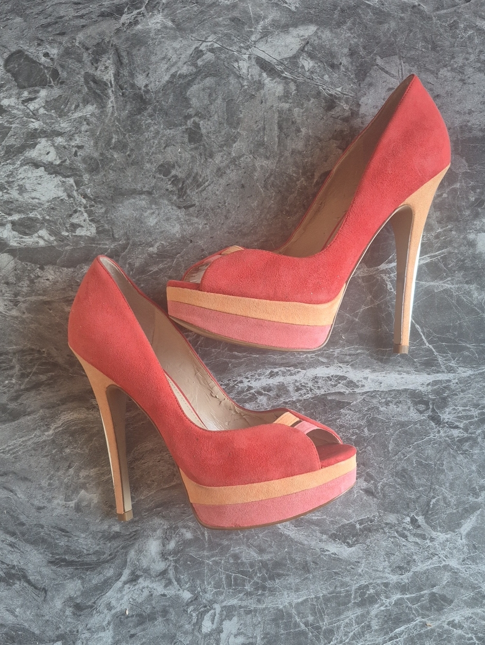 Enzo Angiolini Coral Suede Peep-Toe Platform Heels with Pink and Tan Accents